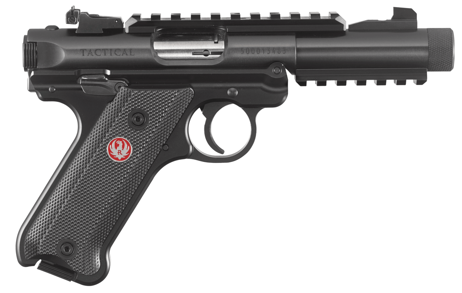 Ruger 40150 Mark IV Tactical 22 LR  4.40″ Threaded Barrel 10+1  Blued Blued Alloy Steel  Aluminum Grip Frame With Checkered Polymer Grip  Top & Bottom Picatinny Rails  Ambidextrous Manual Safety  Optics Ready