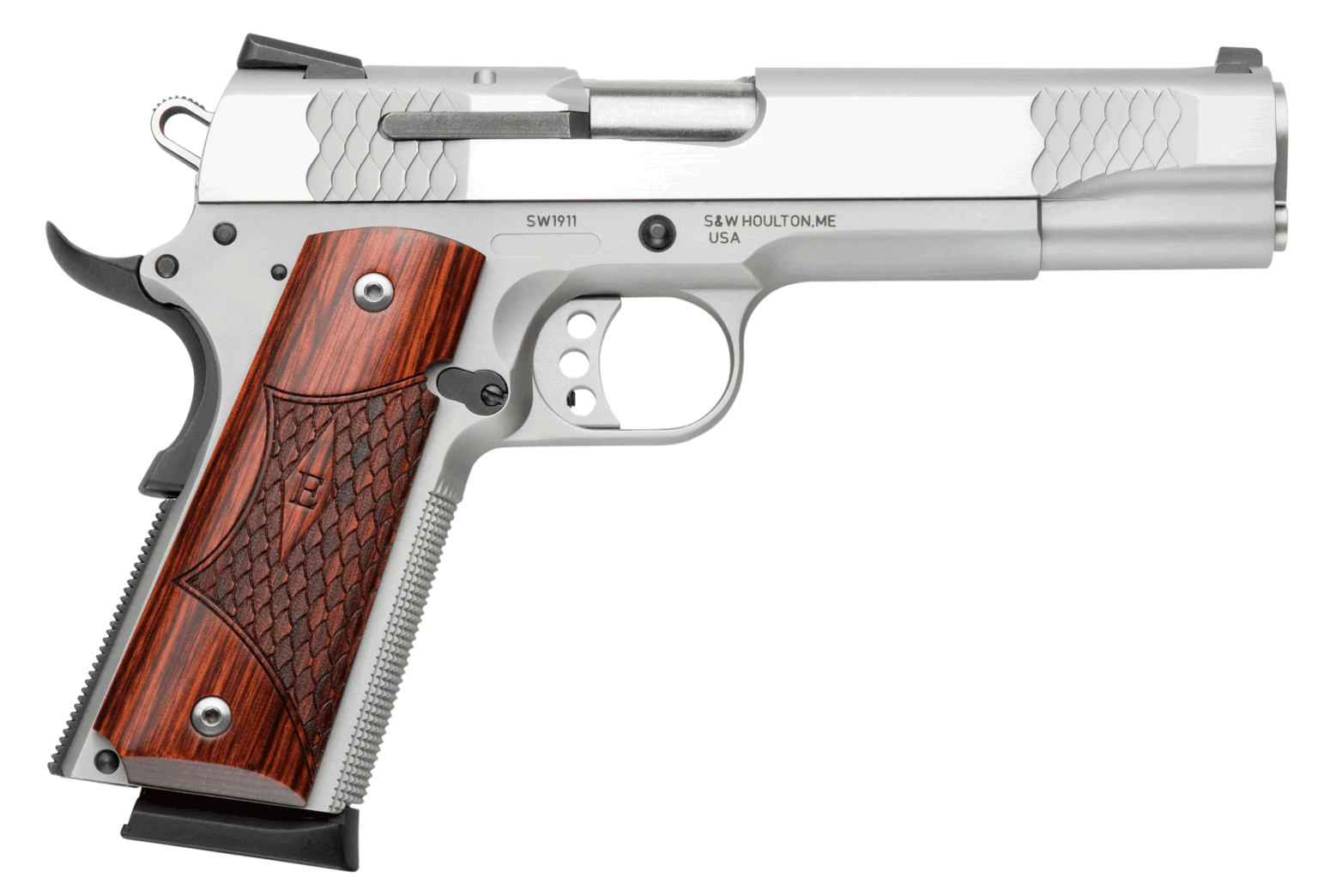 Smith & Wesson 108482 1911 E-Series Serrated Frame 45 ACP 8+1 5 Stainless Steel Barrel  Satin Stainless Serrated Slide & Frame w/Beavertail  Laminate Wood Grip”